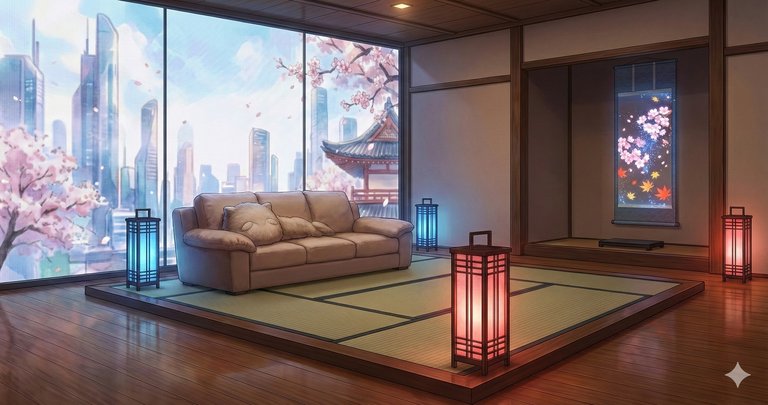 桜と摩天楼を望む和室